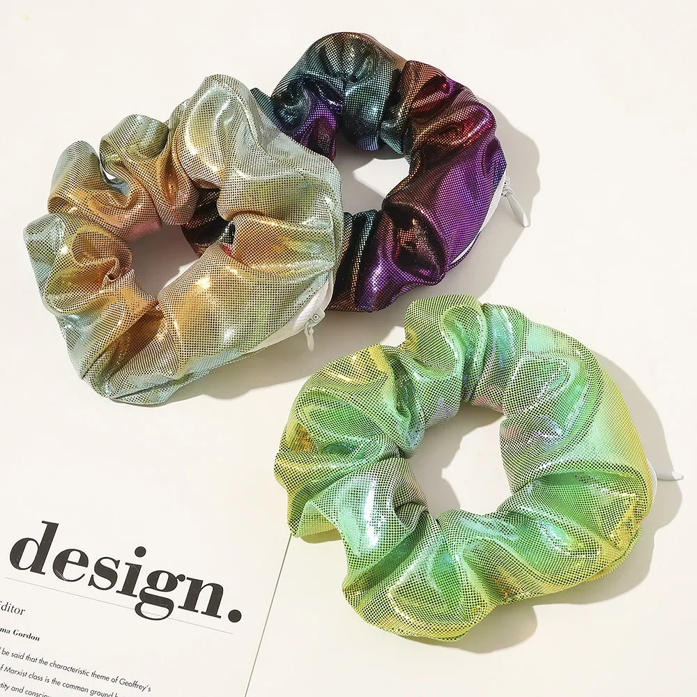 Hidden Safe Hair Tie Laser Cloth Rainbow Hair Scrunchie Hidden Storage Compartment With Zip Stash Pocket Woman Travel Safe
