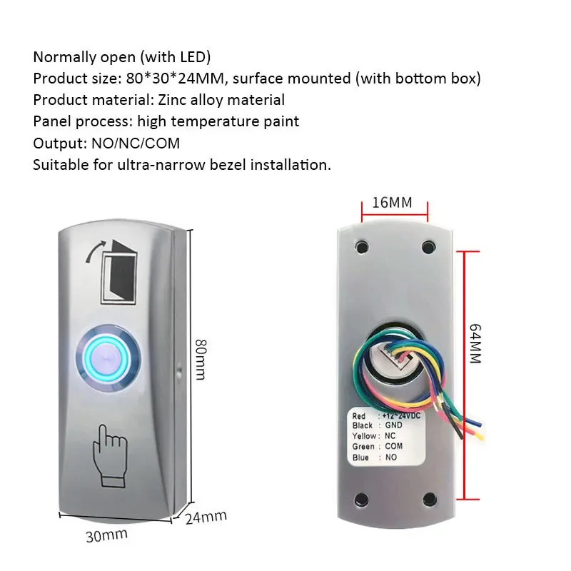 Door Exit Release Button Zinc Alloy Panel GATE Push Switch for Door Access Control System to Open Door