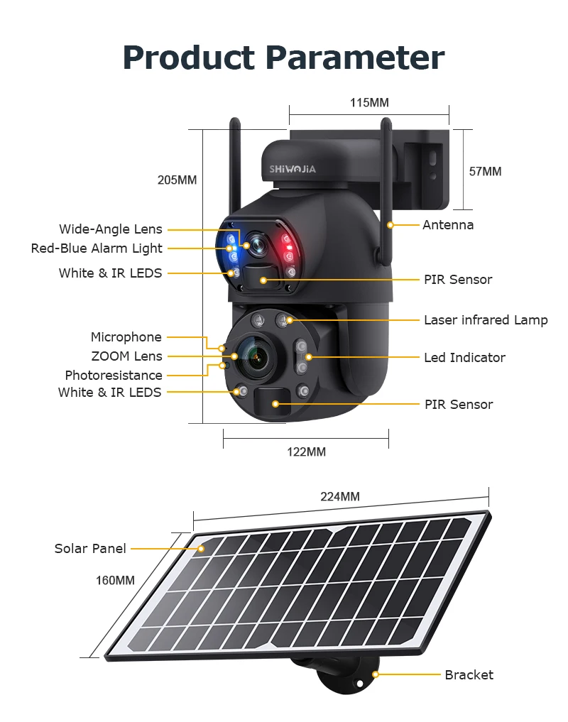 SHIWOJIA 6K 12MP 4G Solar Camera 36X Zoom DualLens Recording Humanoid Tracking Outdoor WIFI Camera Metal Waterproof CCTV 12000mA