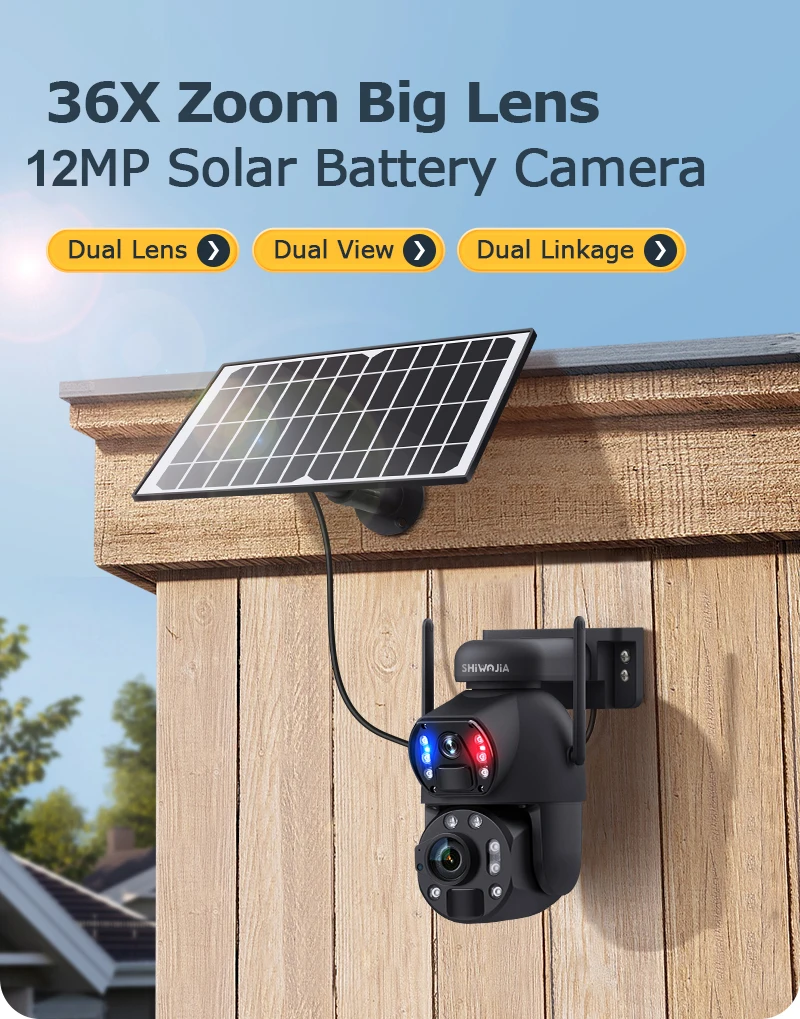 SHIWOJIA 6K 12MP 4G Solar Camera 36X Zoom DualLens Recording Humanoid Tracking Outdoor WIFI Camera Metal Waterproof CCTV 12000mA
