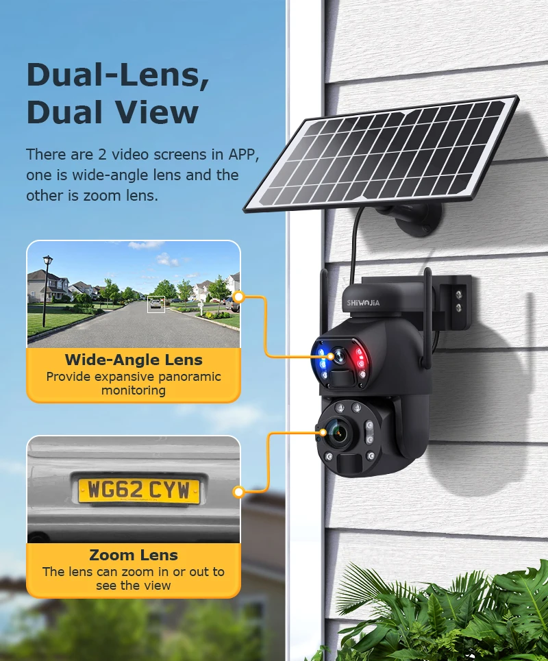 SHIWOJIA 6K 12MP 4G Solar Camera 36X Zoom DualLens Recording Humanoid Tracking Outdoor WIFI Camera Metal Waterproof CCTV 12000mA