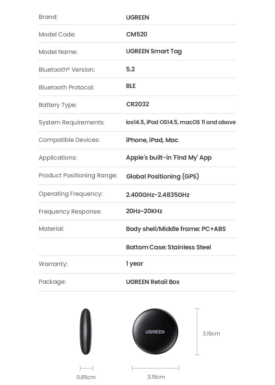 UGREEN Finder Security SmartTrack Link SmartTag With Apple Find My Key Bluetooth Tracker For Earbud Luggage MFi Phone Finder IOS
