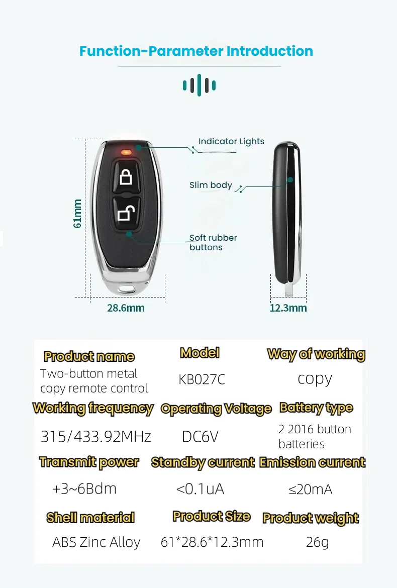 Wireless 433/315MHz RF Remote Control Copy Code 2 Buttons for Garage Door Gate Opener Home Automation Car Alarm