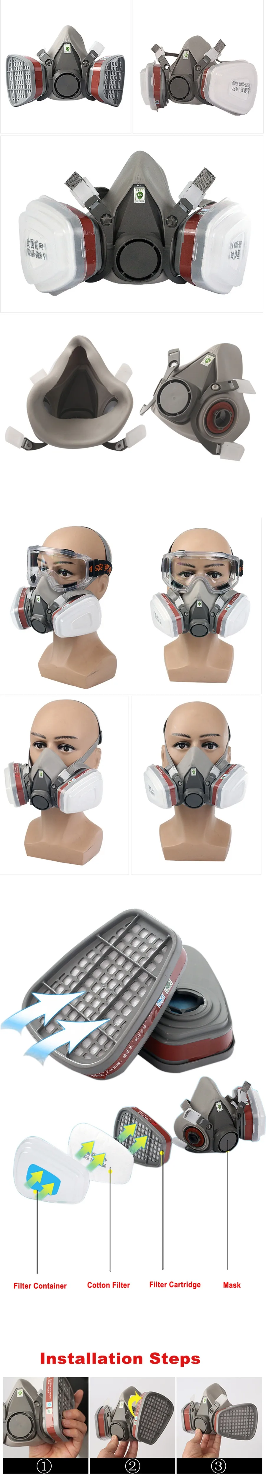 26in1 6200 Half Face Gas Mask Respirator with Anti-Fog Safety Glasses Multi-Filter Protection for Painting And Welding