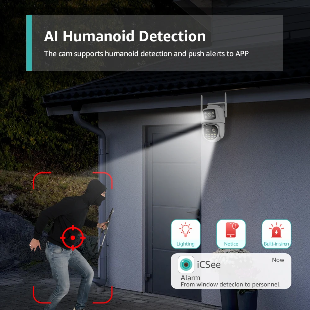 Wifi Surveillance Camera Outdoor PTZ 9MP Three lens 8X Digital Zoom AI Auto Tracking Humanoid Detection 4MP Security Camera