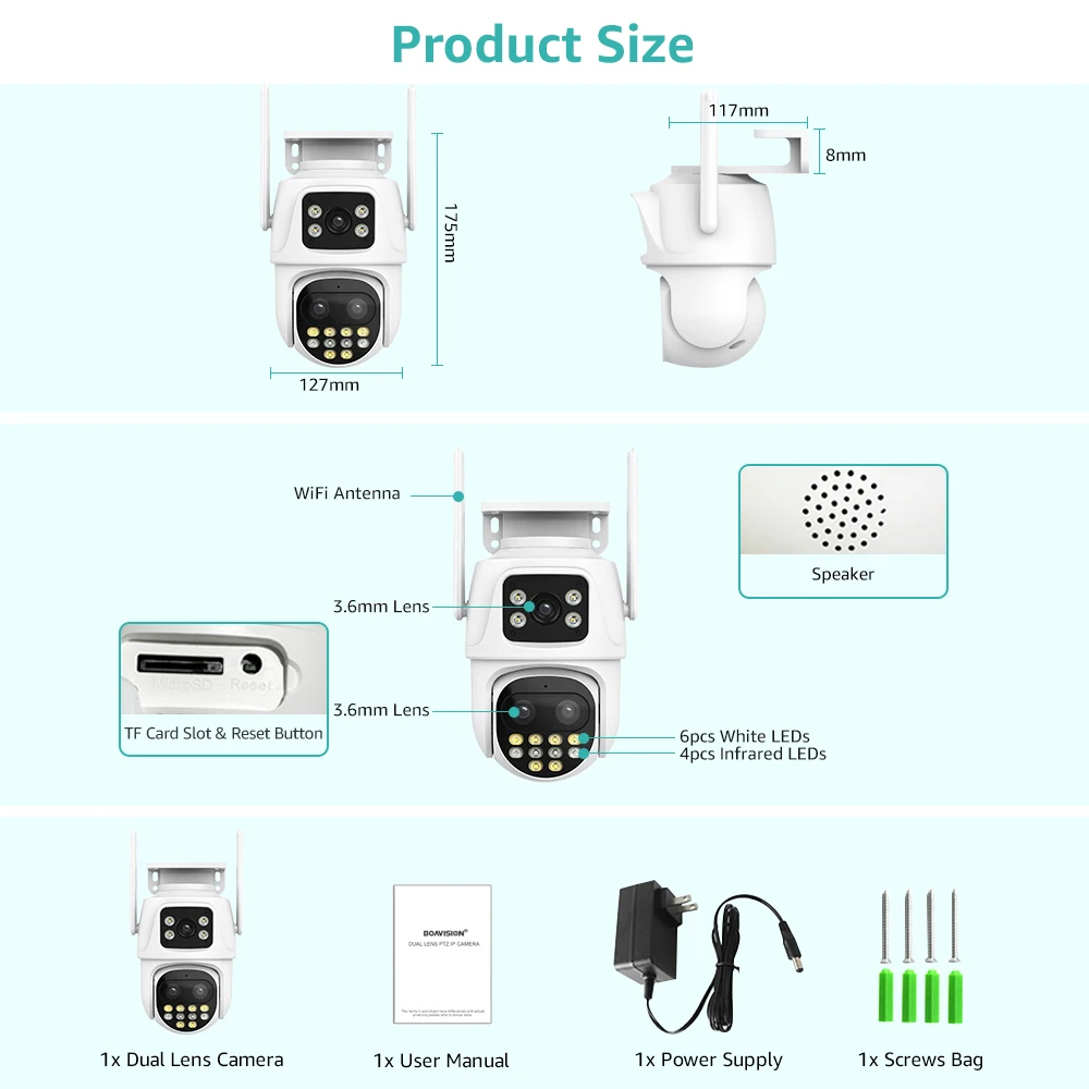 Wifi Surveillance Camera Outdoor PTZ 9MP Three lens 8X Digital Zoom AI Auto Tracking Humanoid Detection 4MP Security Camera