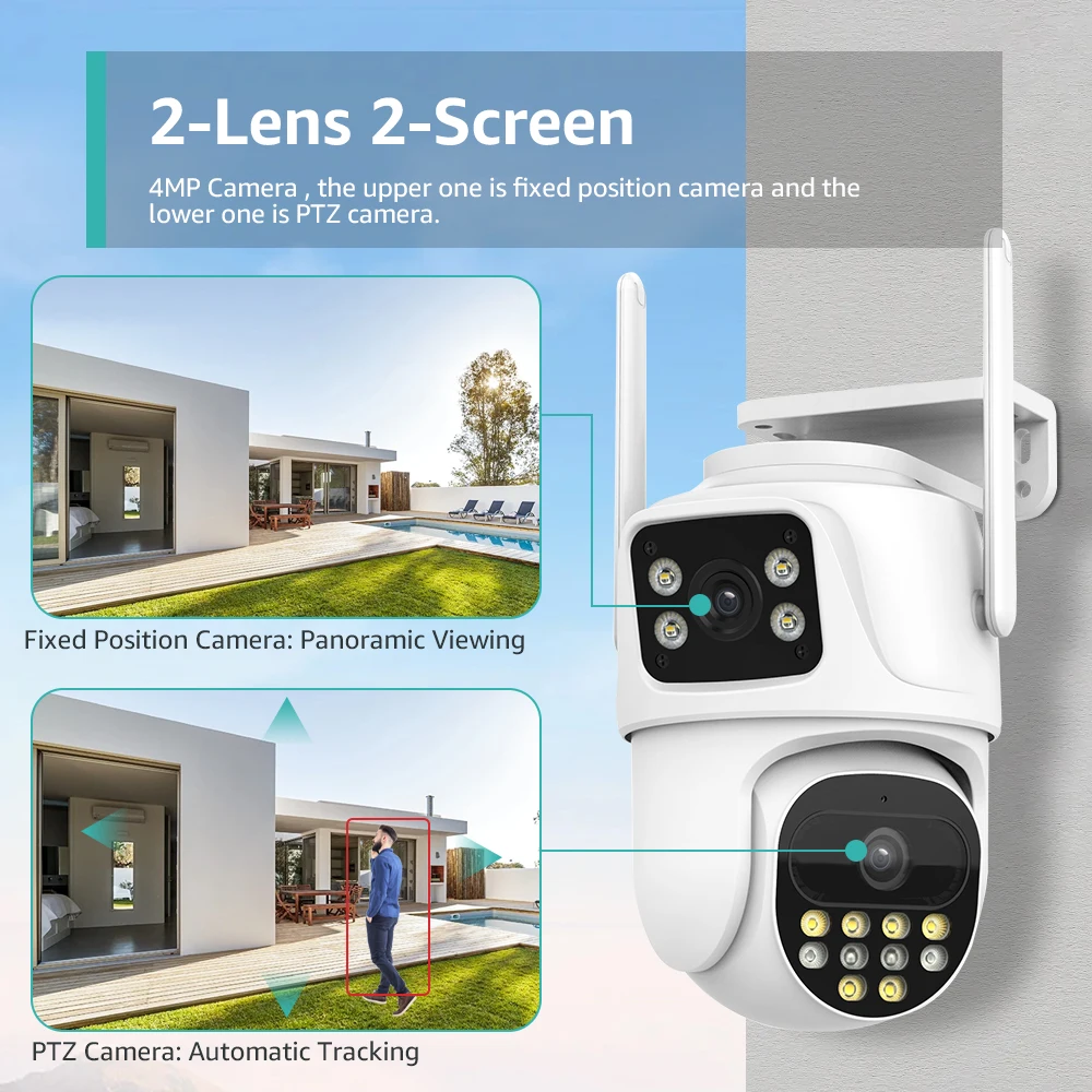 Wifi Surveillance Camera Outdoor PTZ 9MP Three lens 8X Digital Zoom AI Auto Tracking Humanoid Detection 4MP Security Camera