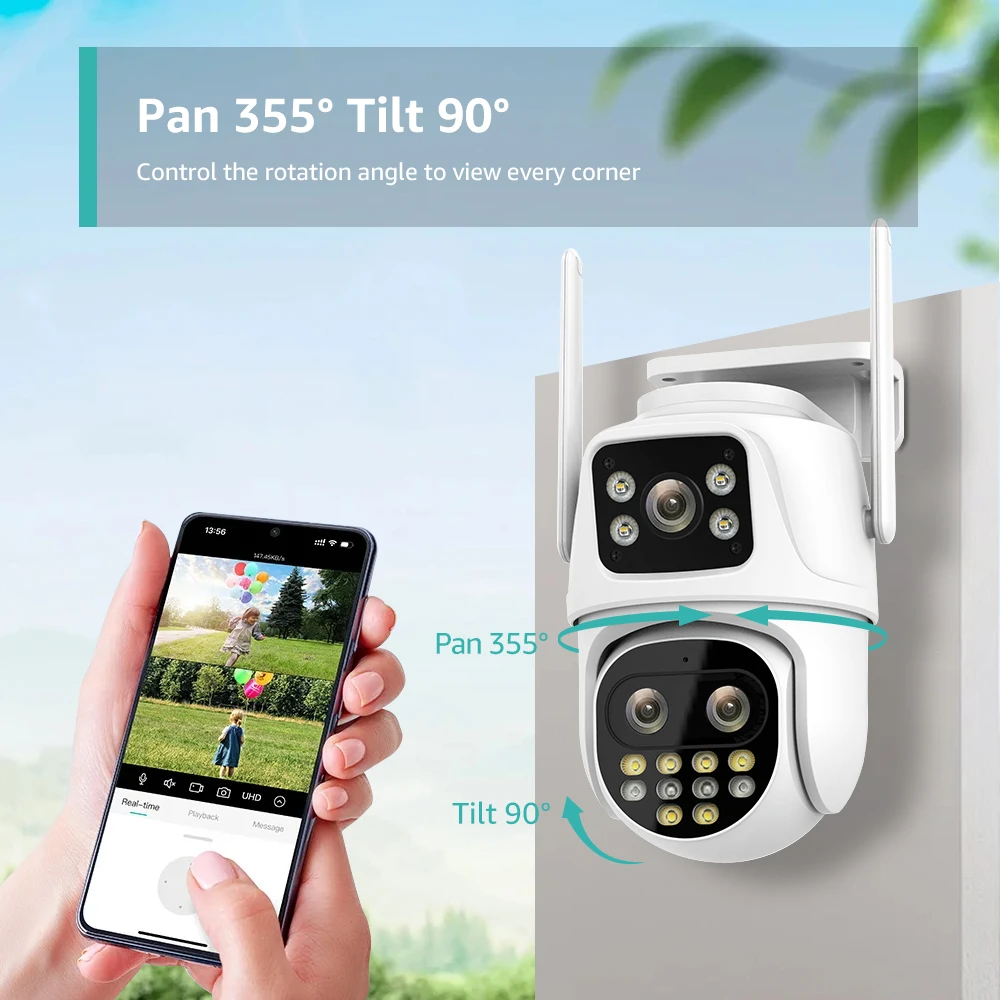 Wifi Surveillance Camera Outdoor PTZ 9MP Three lens 8X Digital Zoom AI Auto Tracking Humanoid Detection 4MP Security Camera