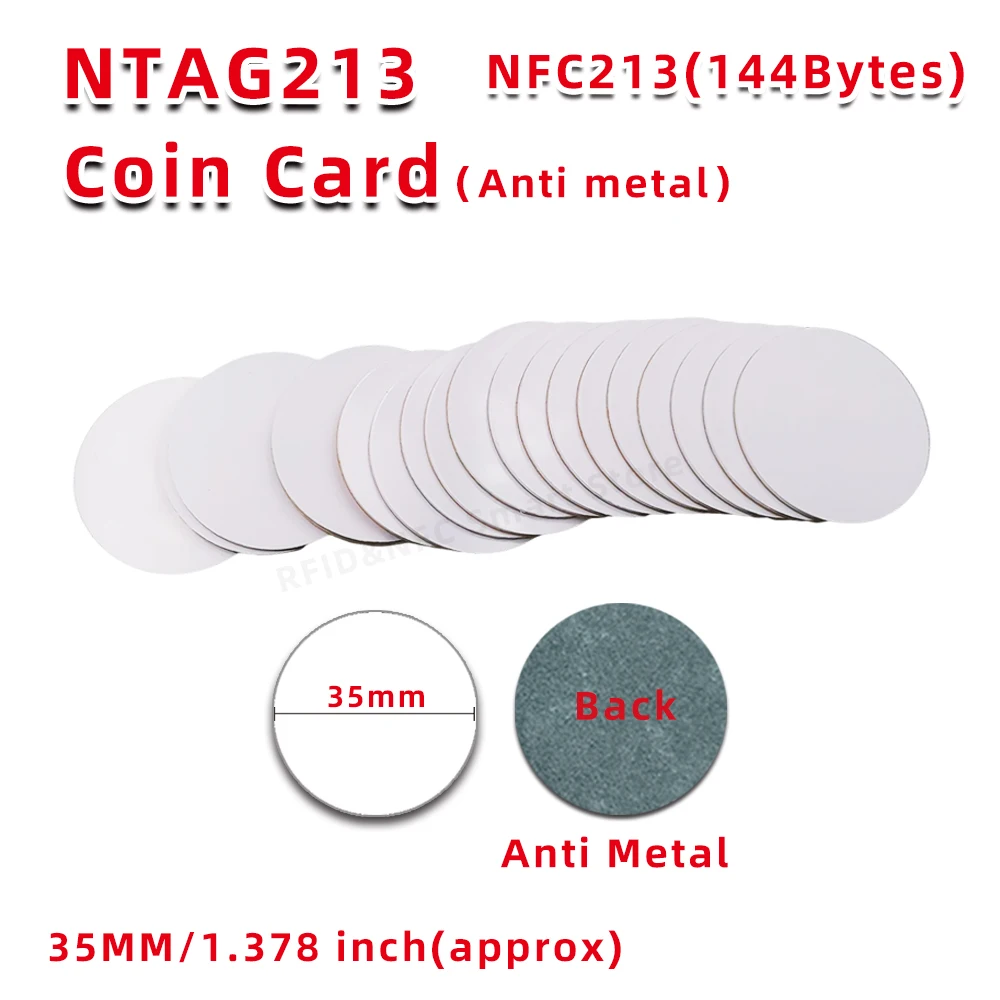 10/50/100pcs NFC Coin Card NT/AG 213 Anti-metal 13.56MHZ 144 Bytes 35mm Universal Metal surface available RFID Nt/ag213 nfc tags