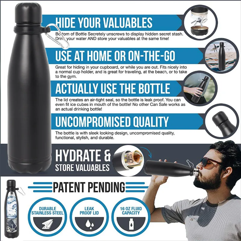 Secret Hidden Safe Diversion Water Bottle Steel Secret Stash Spot Can Hidden Safes Storage Compartment for Cards Keys Cash Money