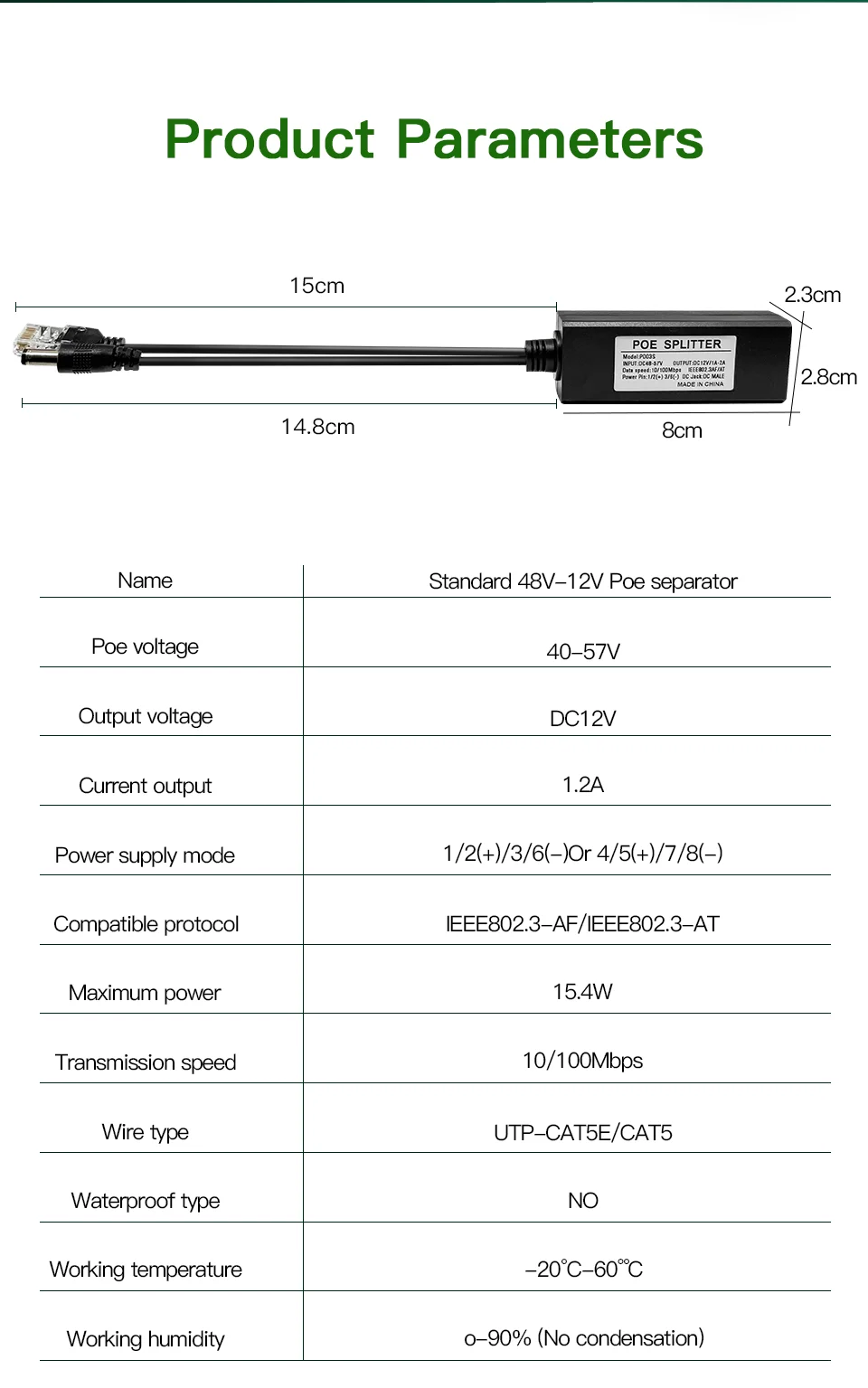 ONTi 100M/1000M Standard POE Splitter 48V to 5V 12V 1.2A 2.2A Micro USB Tpye-C for IP Camera / Router / Wrieless AP