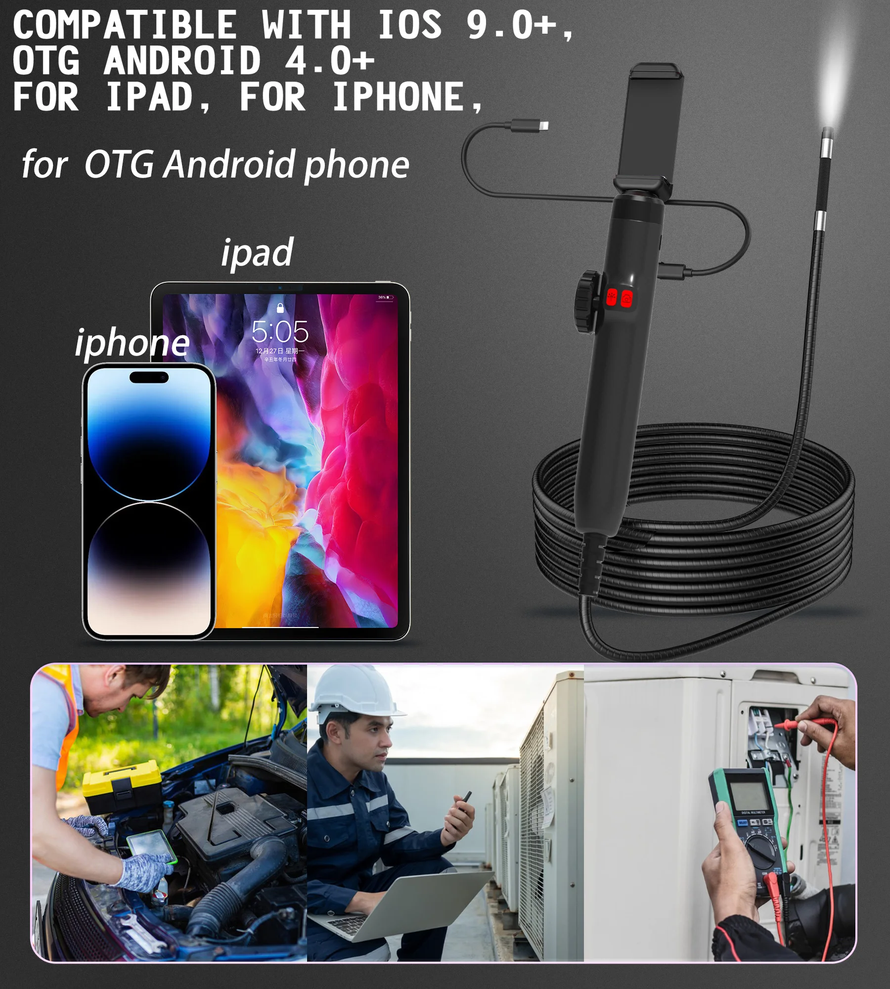 1080P Car Automatic Maintenance Hole Endoscope 6MM 180 Degree Steering Inspection Camera with 8 LED Portable Tools IP67