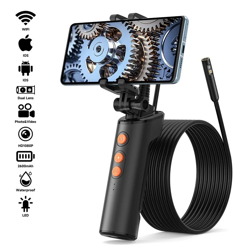 Dual Lens WIFI Endoscope HD1080P Wireless Pipe Inspection Borescope Camera Car Check Waterproof LEDs 2600mAh With Phone Holder