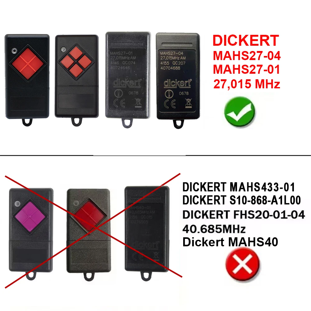 100% Compatible 27.015 MHz DICKERT MAHS27-01 MAHS27-04 Garage Remote Control 27MHz Red Button DICKERT Handheld Transmitter
