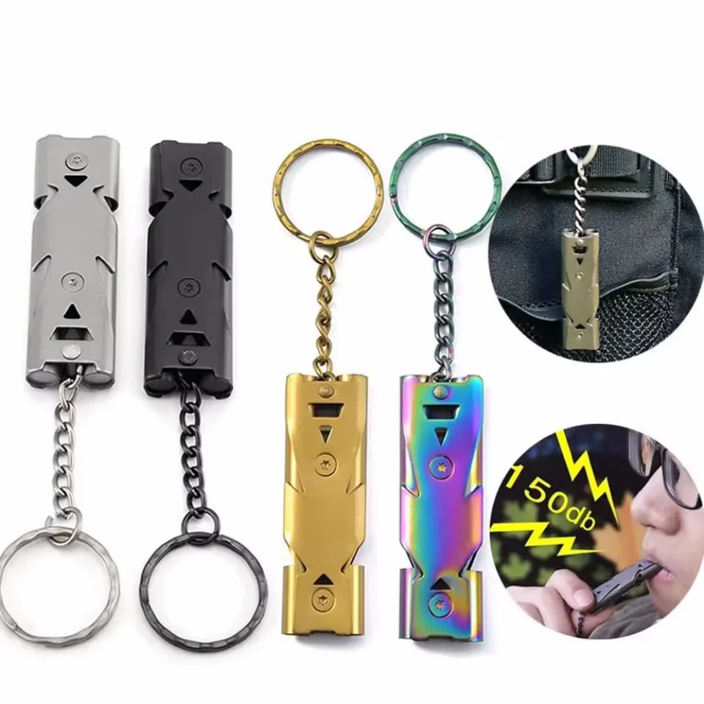 High Decibel Whistle Keychain Stainless Steel Double Pipe Camping Hiking Emergency Survival Whistle Portable Outdoors Tools