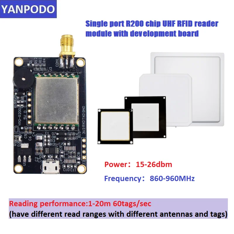 R200 Chip UHF RFID Reader Module Board with Antenna | 1-15M Long Range, USB TTL UART | Free SDK for ESP32, Raspberry Pi, Android