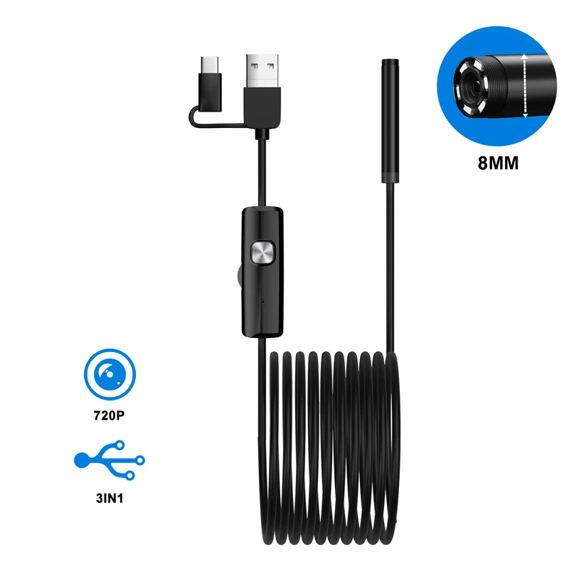 VISHRT Industrial Endoscope Camera for Android 720P 3.9mm 8mm IP67 Waterproof Lens Pipe Inspection Borescope Camera for Mobile