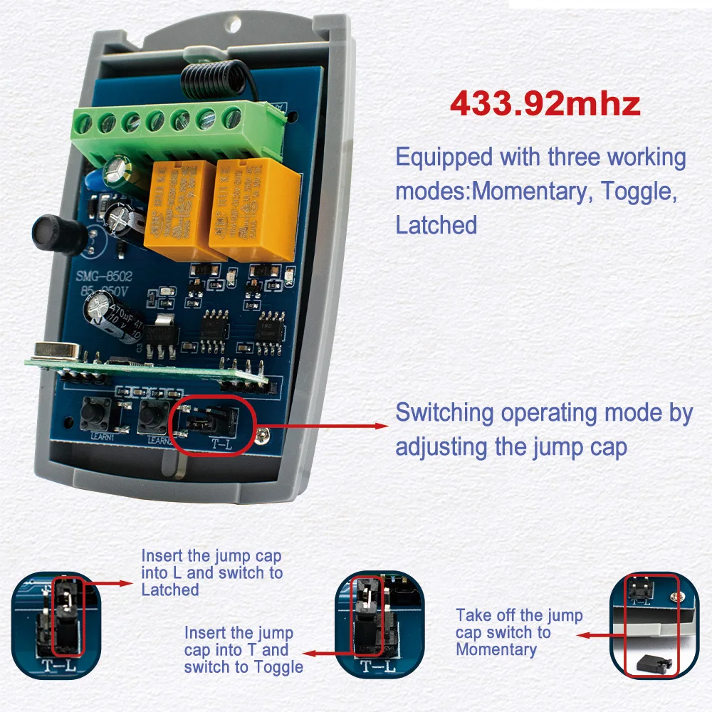 2CH Universal 433.92 MHz Garage Door Remote Control Receiver 433MHz Switch DC AC 7-32V 85-250V 220V 2 Channels RF Relay Module
