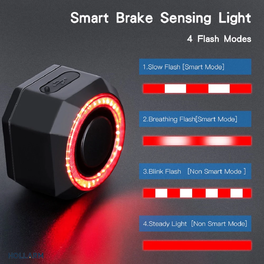 Hollarm Smart Bike Taillight Alarm Anti Theft Burglar Bicycle Light Alarm USB Charge Smart Brake Sensing Remote Control Tail Lam