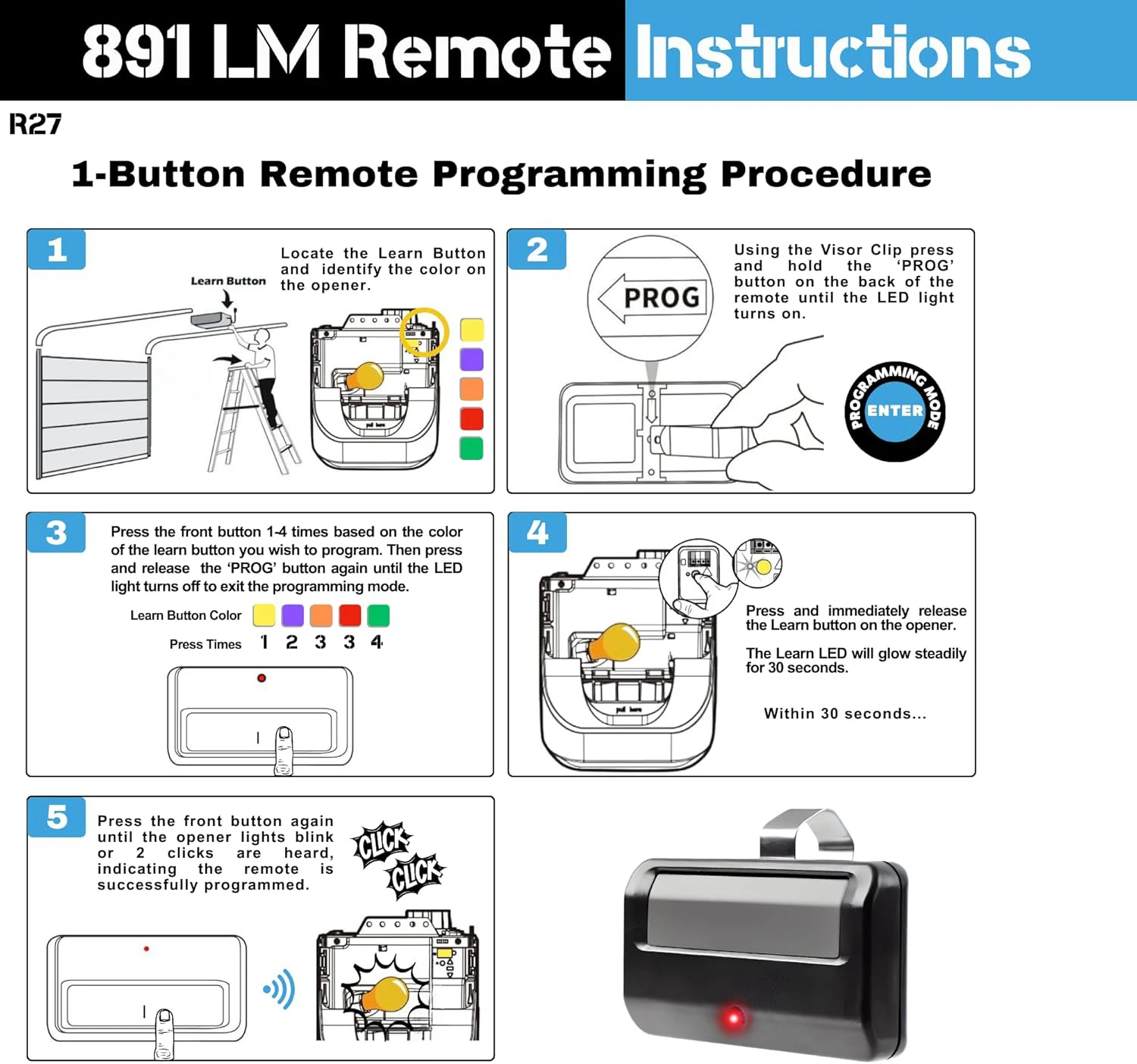 Universal 891LM Garage Door Opener Remote Security+ 2.0 MyQ Yellow Learn Button Replacement Garage Door Remote