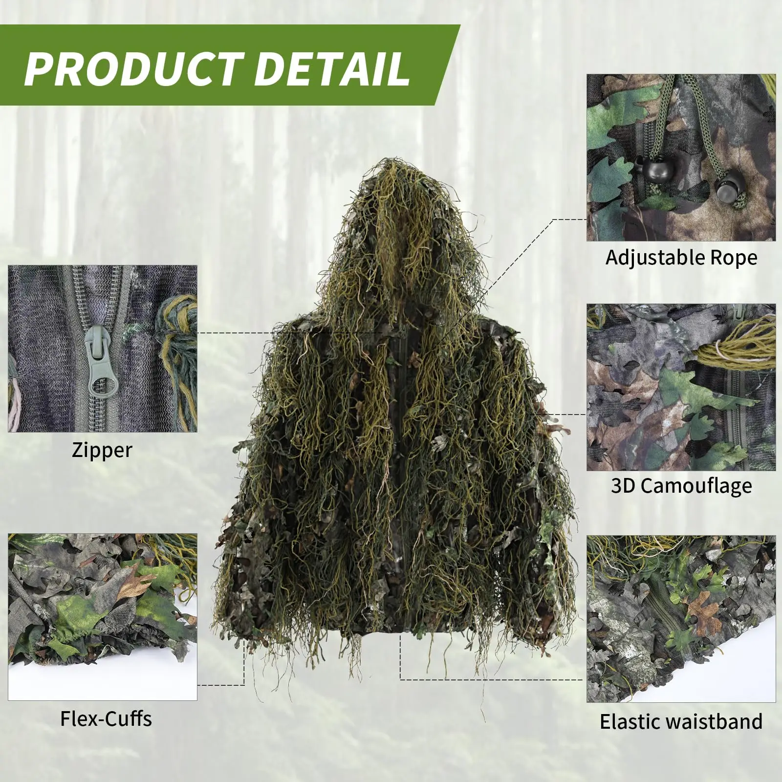 JOAXOR Ghillie Suit Gilly Hunting Suits Pants 3D Leaf Camo Camouflage Coveralls Youth Adult Lightweight Clothes