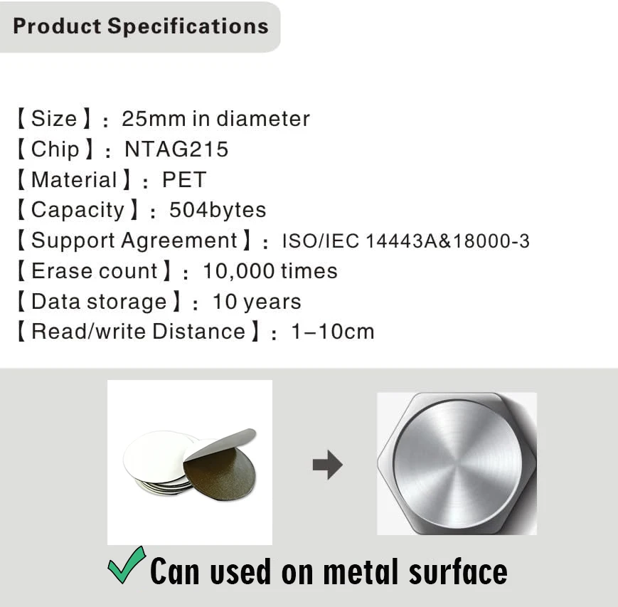 10Pc RFID Label Anti-Metal Ntag215 Tag on-Metal NFC Stickers Rewritable Sticker NFC Tag for All NFC-Enabled Cell Phones Devices