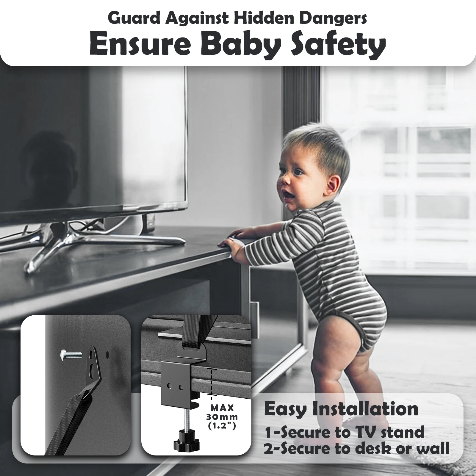 Safety Strap Anti Tip Straps for TV and Furniture Adjustable Anti Tip TV Strap Baby Proofing Child Safety Metal Connectors Clamp