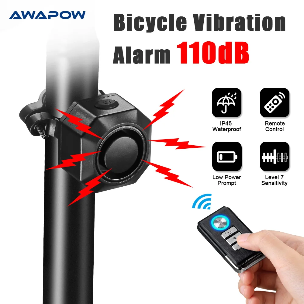 Awapow Bicycle Alarm Remote Control Bike Anti Theft Vibration Alarm 110dB Motorcycle Bicycle Detector USB Rechargeable
