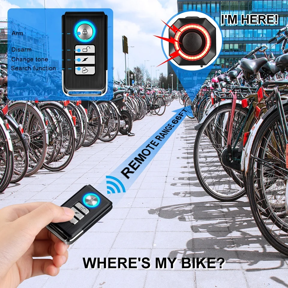 Awapow Bicycle Alarm Remote Control Bike Anti Theft Vibration Alarm 110dB Motorcycle Bicycle Detector USB Rechargeable