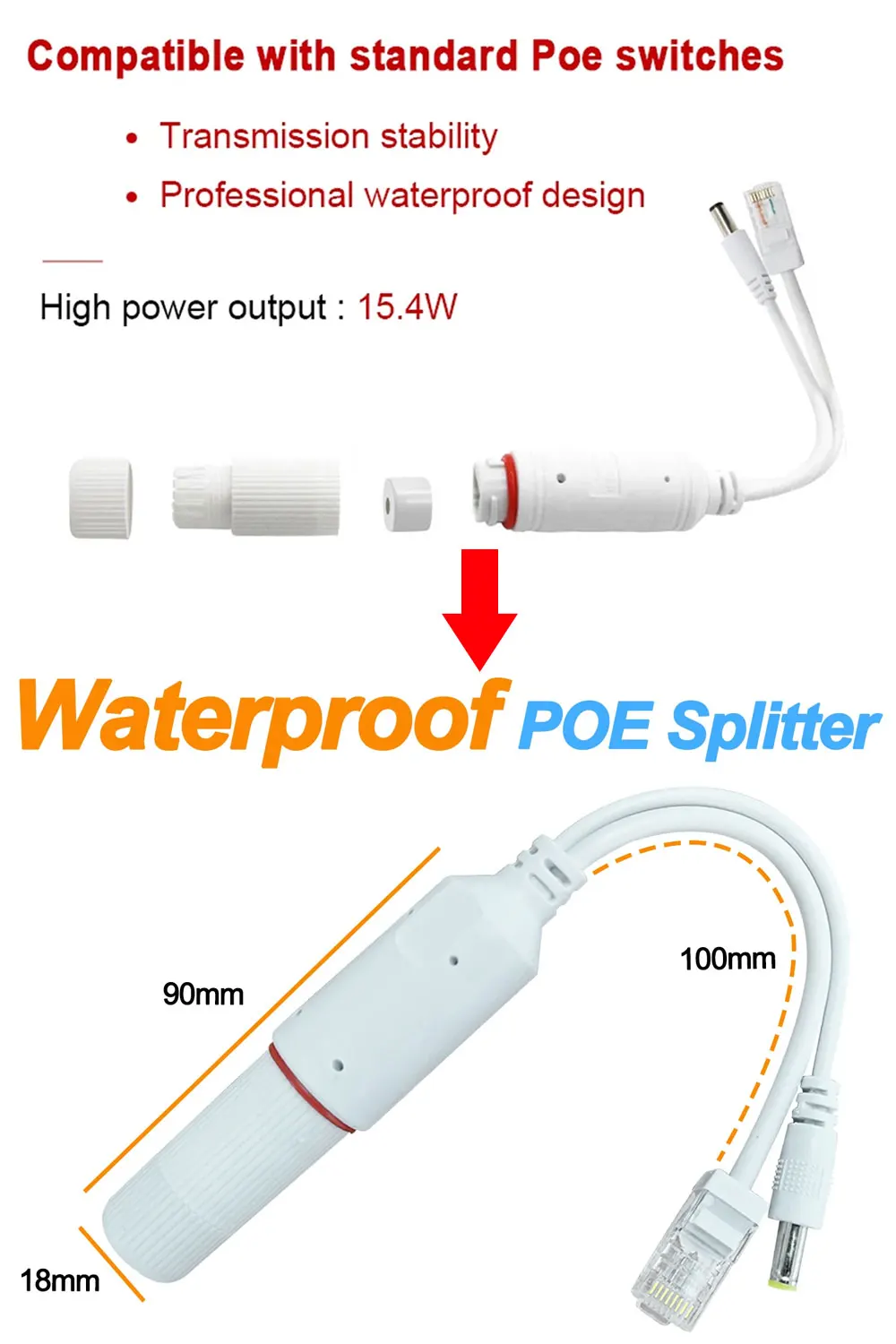 IEEE802.3af/at 48V to 12V POE Spliter Waterprrof With Video / Power Adapter Cable Supply Module Injector for IP Camera Extender