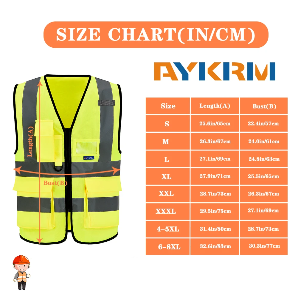 AYKRM 21 Colour (XS-8XL) Hi Vis Viz High Visibility Reflective Zip Pocket Security Waistcoats Jacket Workwear Vests