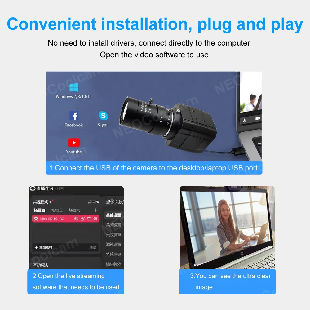 30fps Webcam 2K 4K Streaming Web Camera With 5-50mm Varifocal CS Lens UVC OTG USB Camera For Tiktok/YouTube OBS Video Shooting