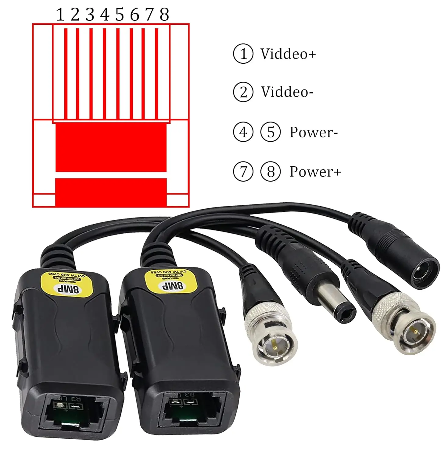 8MP/4K Passive HD BNC Video Power Balun Transceiver Transmitter Via UTP RJ45 Cable AHD/TVI/CVI/CVBS Cable Connectors for Cameras