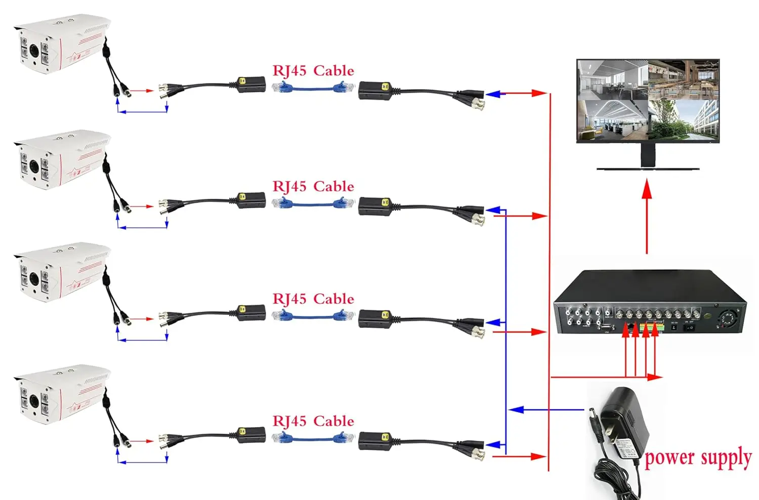 8MP/4K Passive HD BNC Video Power Balun Transceiver Transmitter Via UTP RJ45 Cable AHD/TVI/CVI/CVBS Cable Connectors for Cameras