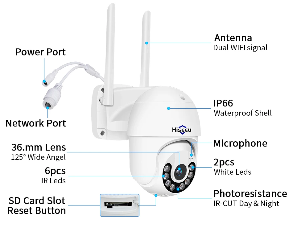 Hiseeu 1080P HD Smart Wifi PTZ Camera 5xDigital Zoom Human Detect Alert Auto Tracking ONVIF CCTV IP Camera Security Protection