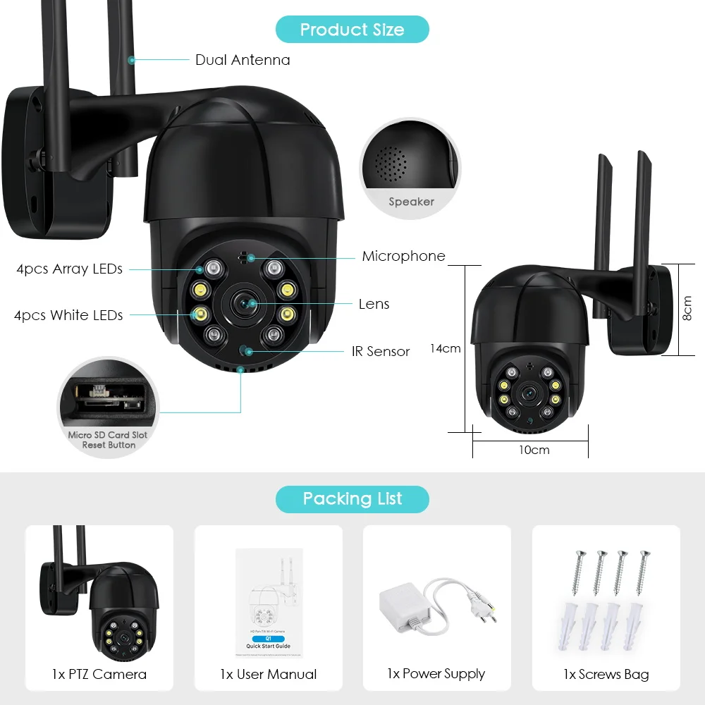 Hiseeu 1080P HD Smart Wifi PTZ Camera 5xDigital Zoom Human Detect Alert Auto Tracking ONVIF CCTV IP Camera Security Protection