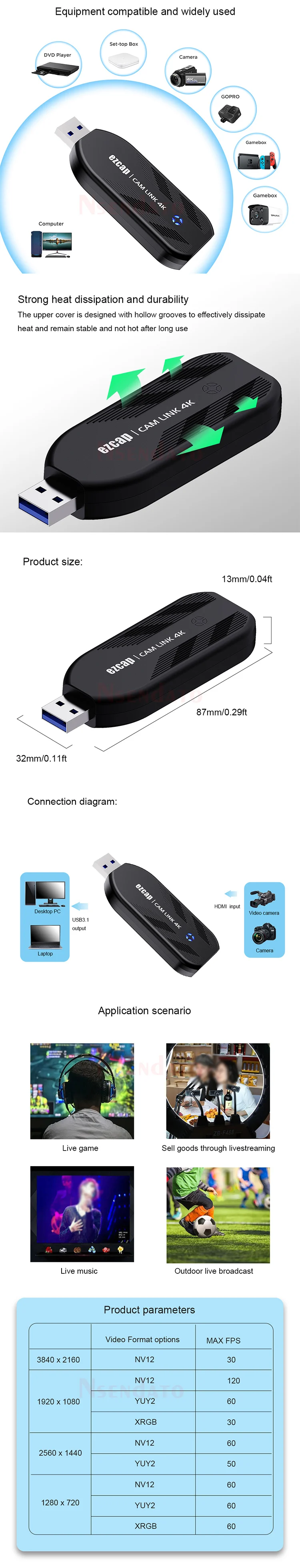 Ezcap331 Camlink 4K 30Fps 1080P 120Hz HDMI Video Capture Card USB 3.0 Broadcast Live Streaming Record for DSLR Camcorder Camera