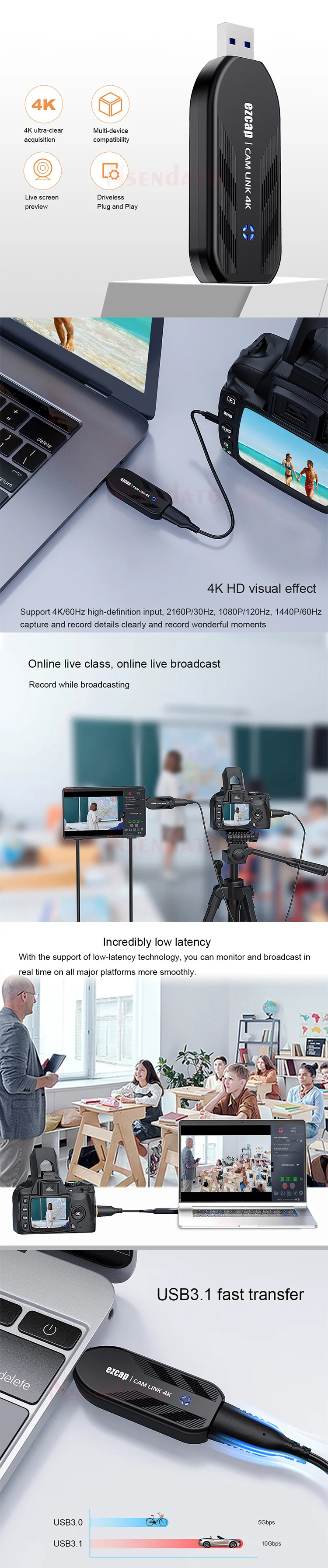 Ezcap331 Camlink 4K 30Fps 1080P 120Hz HDMI Video Capture Card USB 3.0 Broadcast Live Streaming Record for DSLR Camcorder Camera