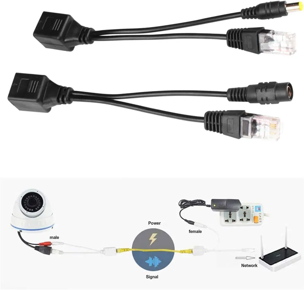 Passive PoE Injector and PoE Splitter Kit with RJ45 Ethernet and Power via DC 5.5x2.1 mm F/M Adaptor Connector 5 Pairs