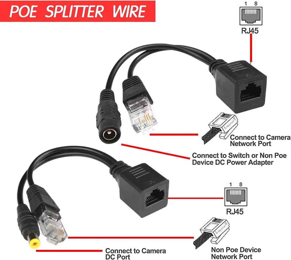 Passive PoE Injector and PoE Splitter Kit with RJ45 Ethernet and Power via DC 5.5x2.1 mm F/M Adaptor Connector 5 Pairs