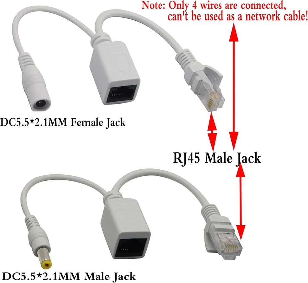 Passive PoE Injector and PoE Splitter Kit with RJ45 Ethernet and Power via DC 5.5x2.1 mm F/M Adaptor Connector 5 Pairs