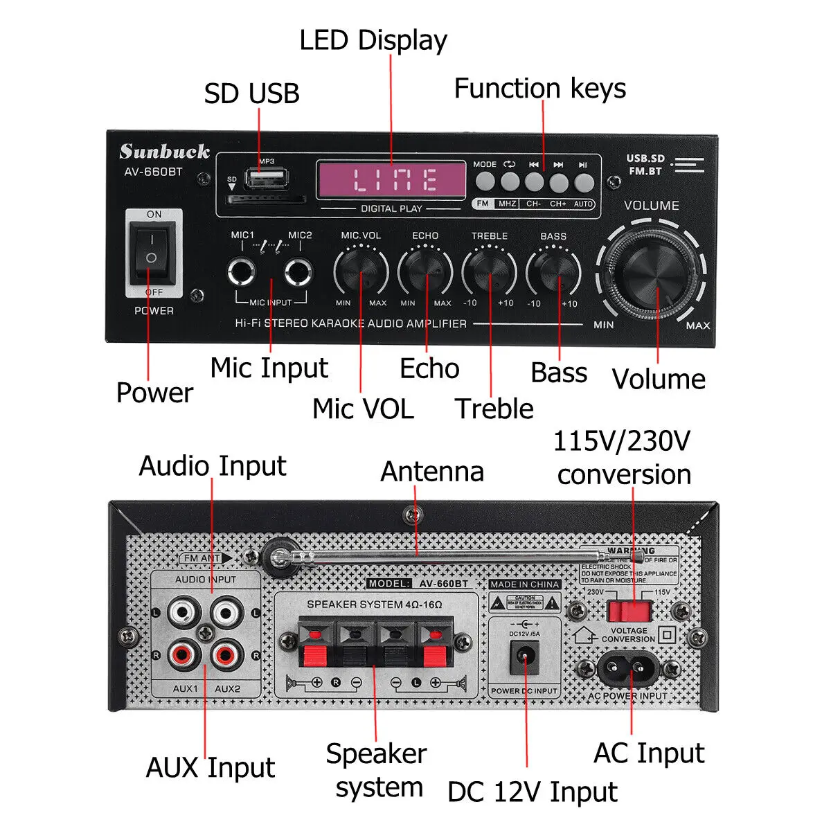 SUNBUCK AV-660BT Sound Amplifier CH 2.1 Power Amplifiers For Home Car Meeting Theater AMP Support EQ FM USB SD Card 2 Mic Input
