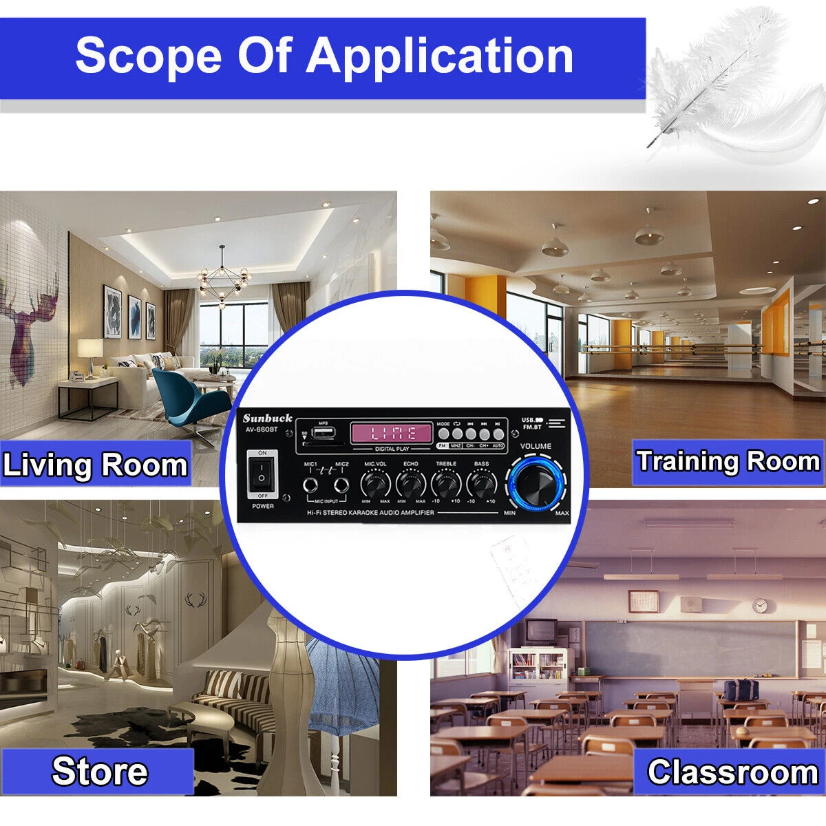 SUNBUCK AV-660BT Sound Amplifier CH 2.1 Power Amplifiers For Home Car Meeting Theater AMP Support EQ FM USB SD Card 2 Mic Input