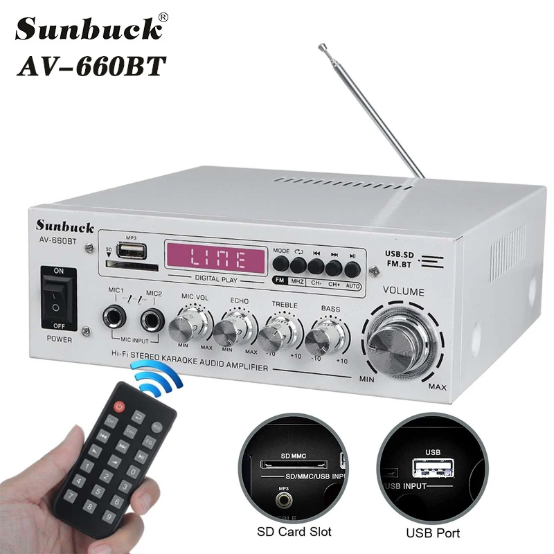 SUNBUCK AV-660BT Sound Amplifier CH 2.1 Power Amplifiers For Home Car Meeting Theater AMP Support EQ FM USB SD Card 2 Mic Input