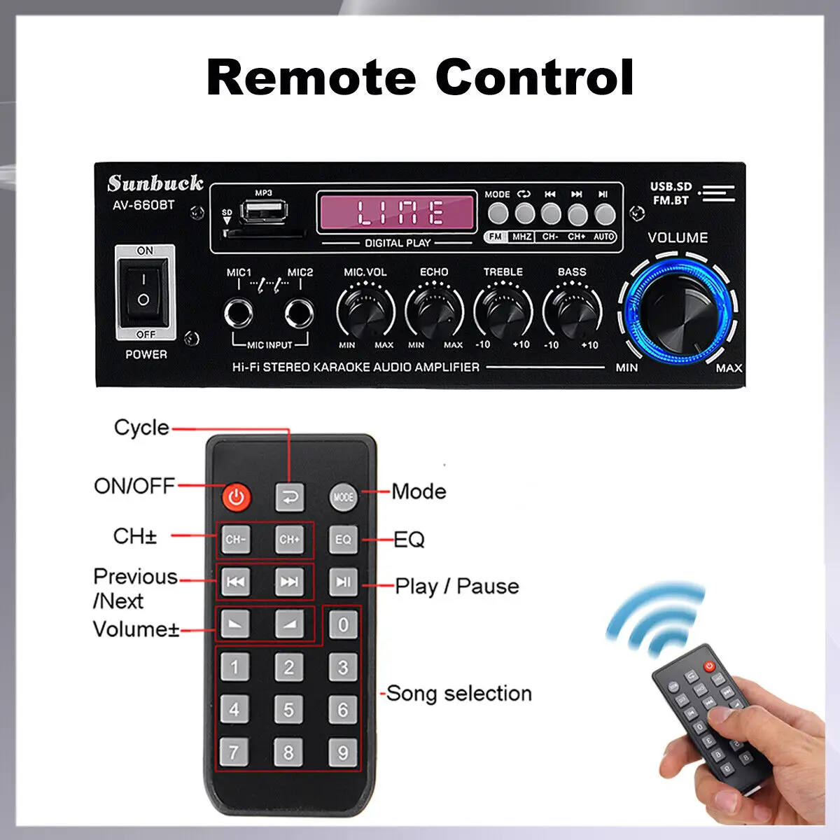 SUNBUCK AV-660BT Sound Amplifier CH 2.1 Power Amplifiers For Home Car Meeting Theater AMP Support EQ FM USB SD Card 2 Mic Input