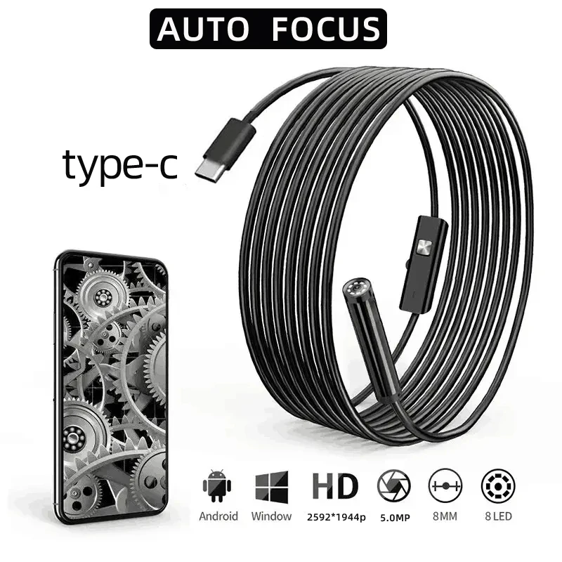 8mm Auto Focus HD1944P Endoscope for Cars Android Phone Type -c 5MP Mini Sewer Inspection Camera Endoscopy Usb Borescope 1-20m