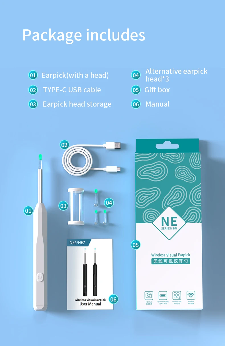 HD Ear Cleaner Otoscope with Camera Earwax Remover Tool Kit with 6 LED Lights for iPhone iPad Android Smart Phone