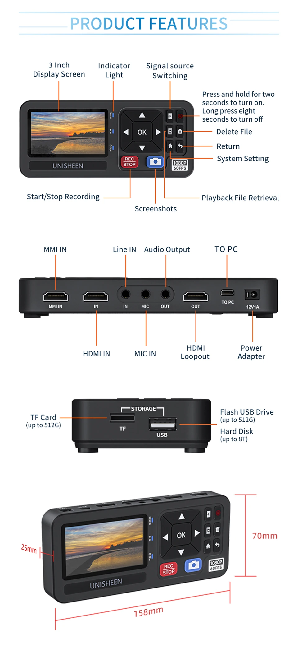UNISHEEN HD Video Capture Box 1080P Video to Digital Converter with 3" Screen, 4K HDMI/CVBS/VGA/YPBPR Inputs Video Recorder