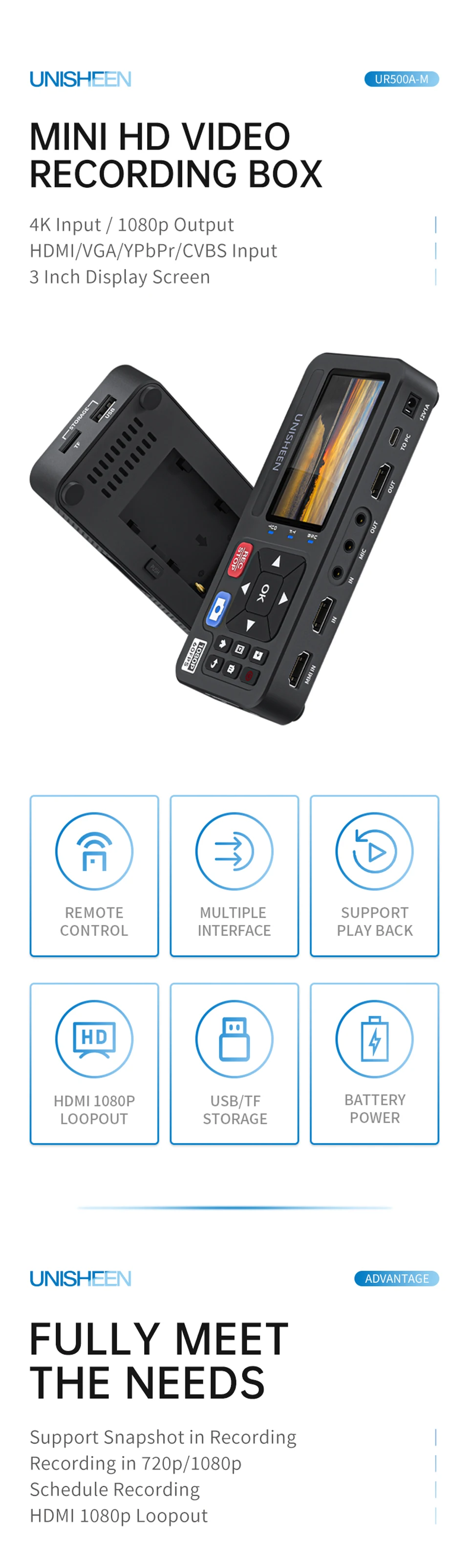 UNISHEEN HD Video Capture Box 1080P Video to Digital Converter with 3" Screen, 4K HDMI/CVBS/VGA/YPBPR Inputs Video Recorder