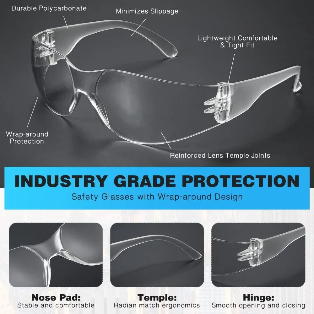Clear Safety Glasses Anti-Fog Protective Eyewear For Men Women Scratch Impact Resistant Eye Black Protection For Work Lab(10pcs)